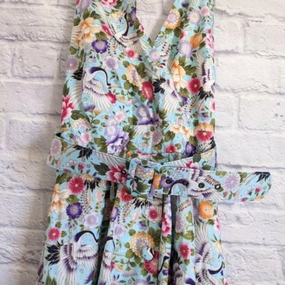 Unique Vintage Tarrytown Halter Swing Dress L Mint Blue Crane Print Metallic - Picture 4 of 8